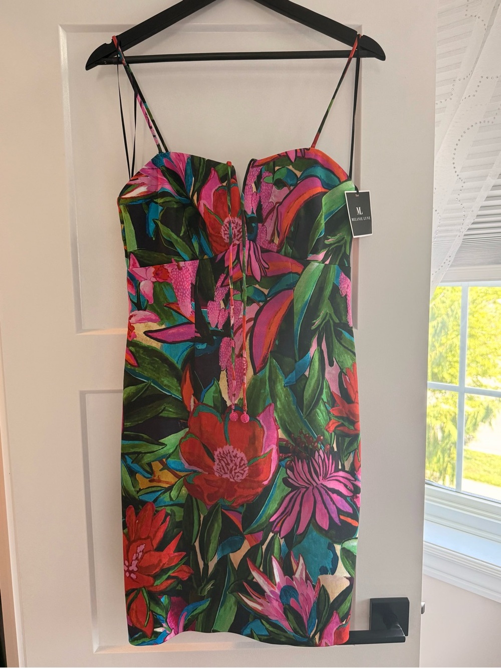 Tropical Floral Spaghetti-Strap Mini Dress in Pink & Green